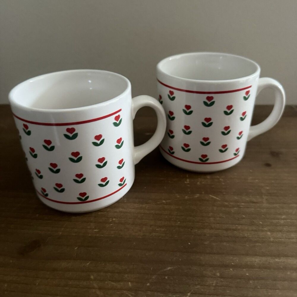 Set Of  2 Vintage Ceramic Coffee Mugs Red Heart Tulip Grindley England